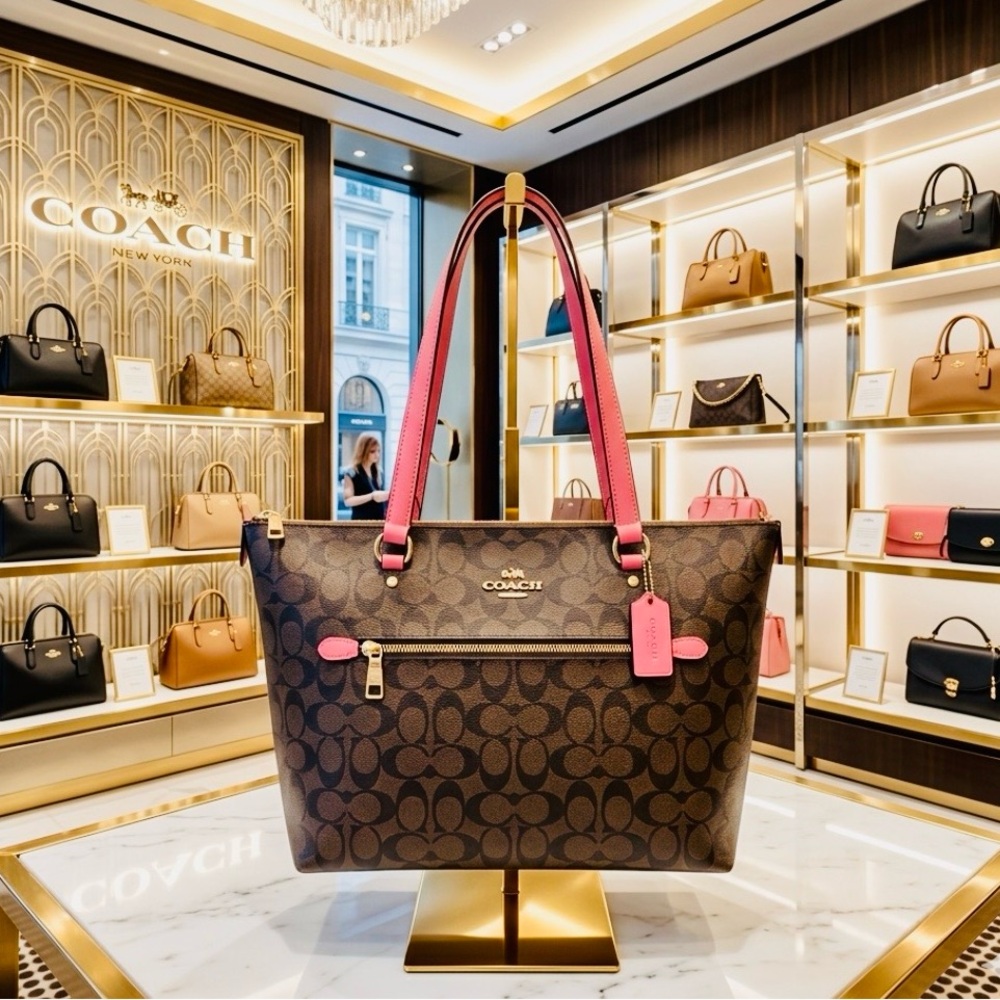 Coach Signature Brown Tote with Pink Trim